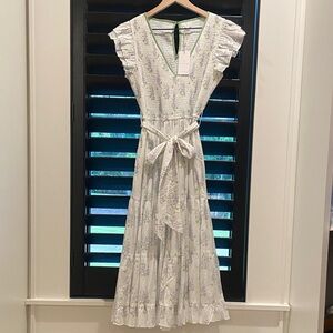 Chic White and Green Ruffle Midi Dress